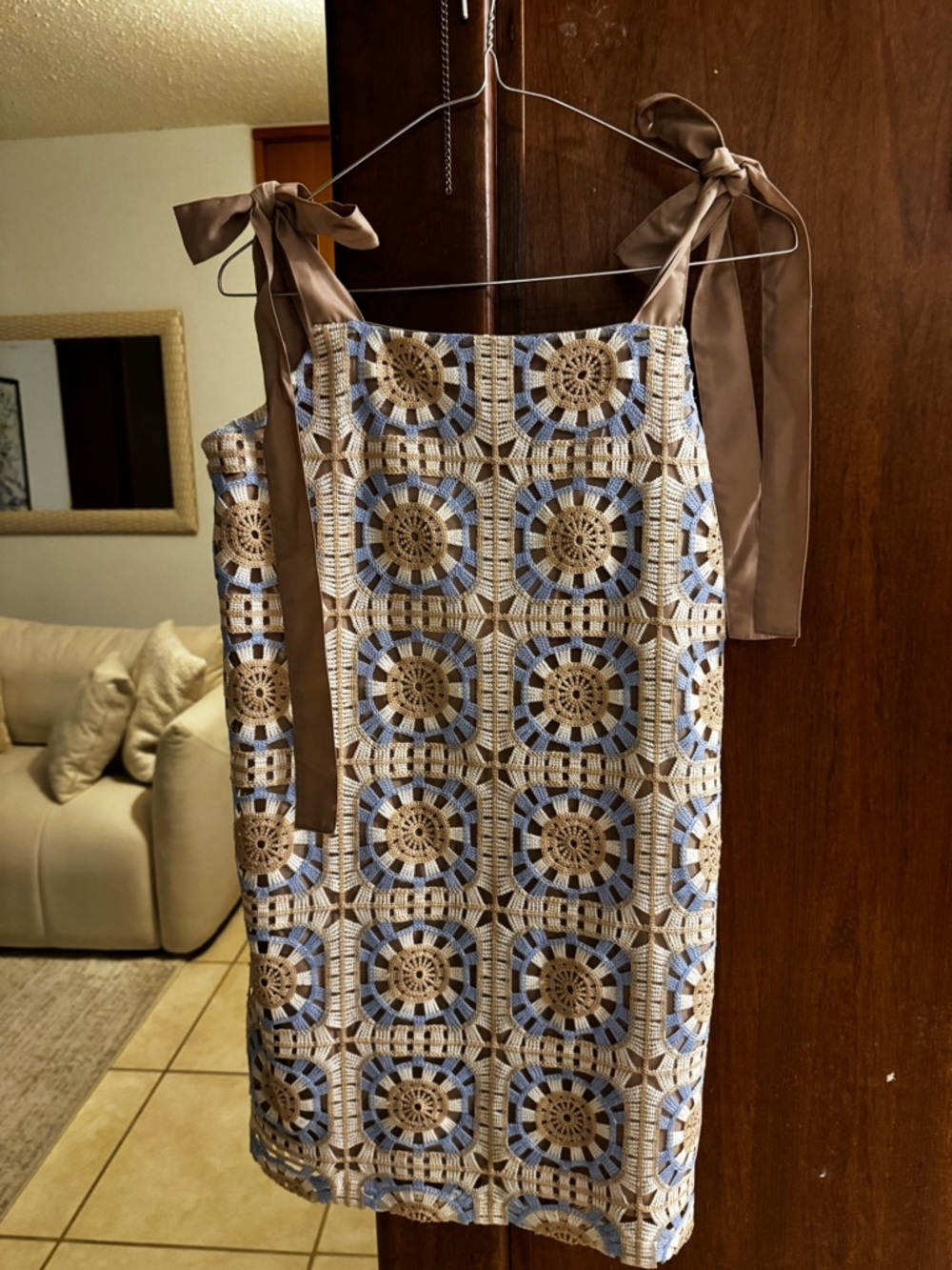 Tie-Shoulder Crochet Square Dress in Brown and Blue